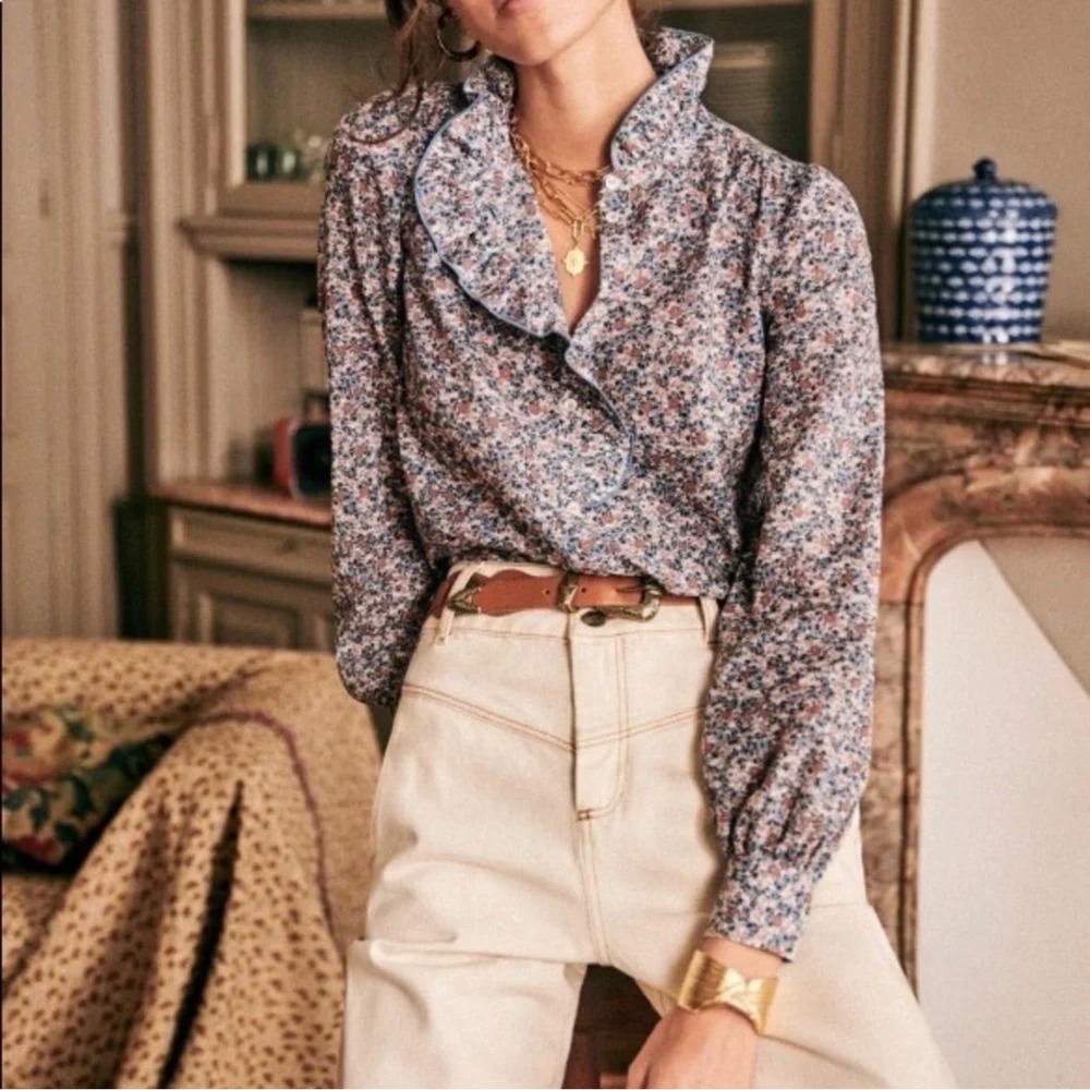 Sezane Chlo Shirt Floral Ruffle Blouse Blue Brown Organic Cotton Top FR 32 US 0